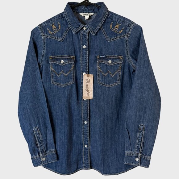 Wrangler Other - Wrangler Embroidered Denim Shirt Blue Girls Large Western Pearl-Snap Rodeo NEW